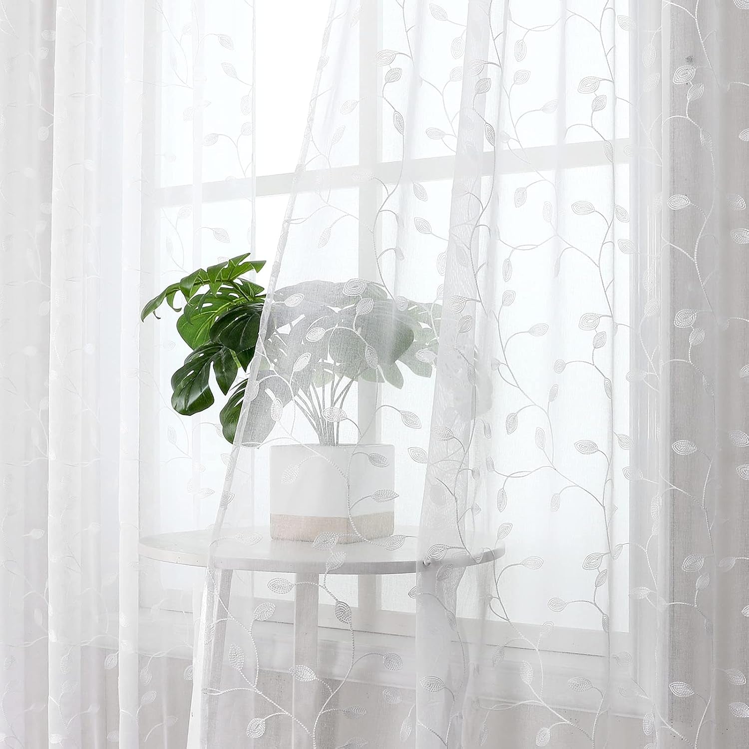 Leaves Short Sheer Curtain White Leaf Embroidery Bedroom Curtains Rod Pocket Voile Faux Linen Embroidered Leaves Curtain for Living Room, 54 X 54 Inches Long, Set of 2 Panels