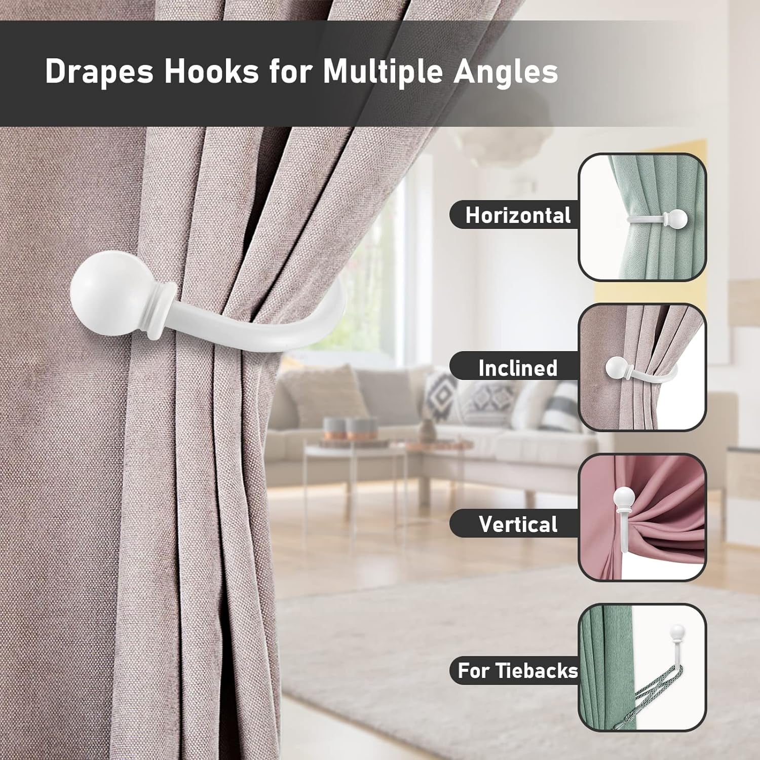 Set of 2 Decorative Curtain Holdbacks, Wall Mounted Aluminum Alloy Window Drapery Tiebacks for Bedroom, Livingroom Office Come with Screws, White