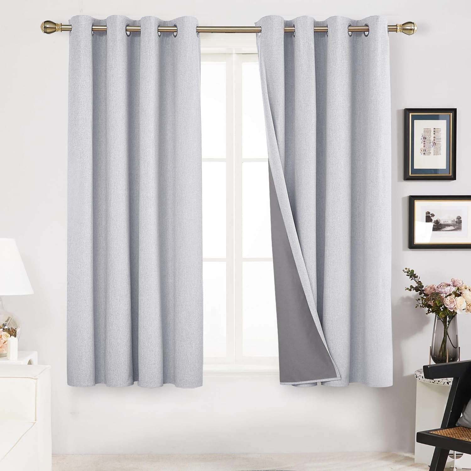 Linen 100% Blackout Grommet Curtains for Bedroom and Living Room,Light Grey,52X54 Inches,2 Panels