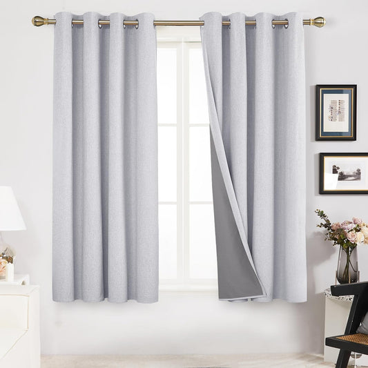 Linen 100% Blackout Grommet Curtains for Bedroom and Living Room,Light Grey,52X54 Inches,2 Panels