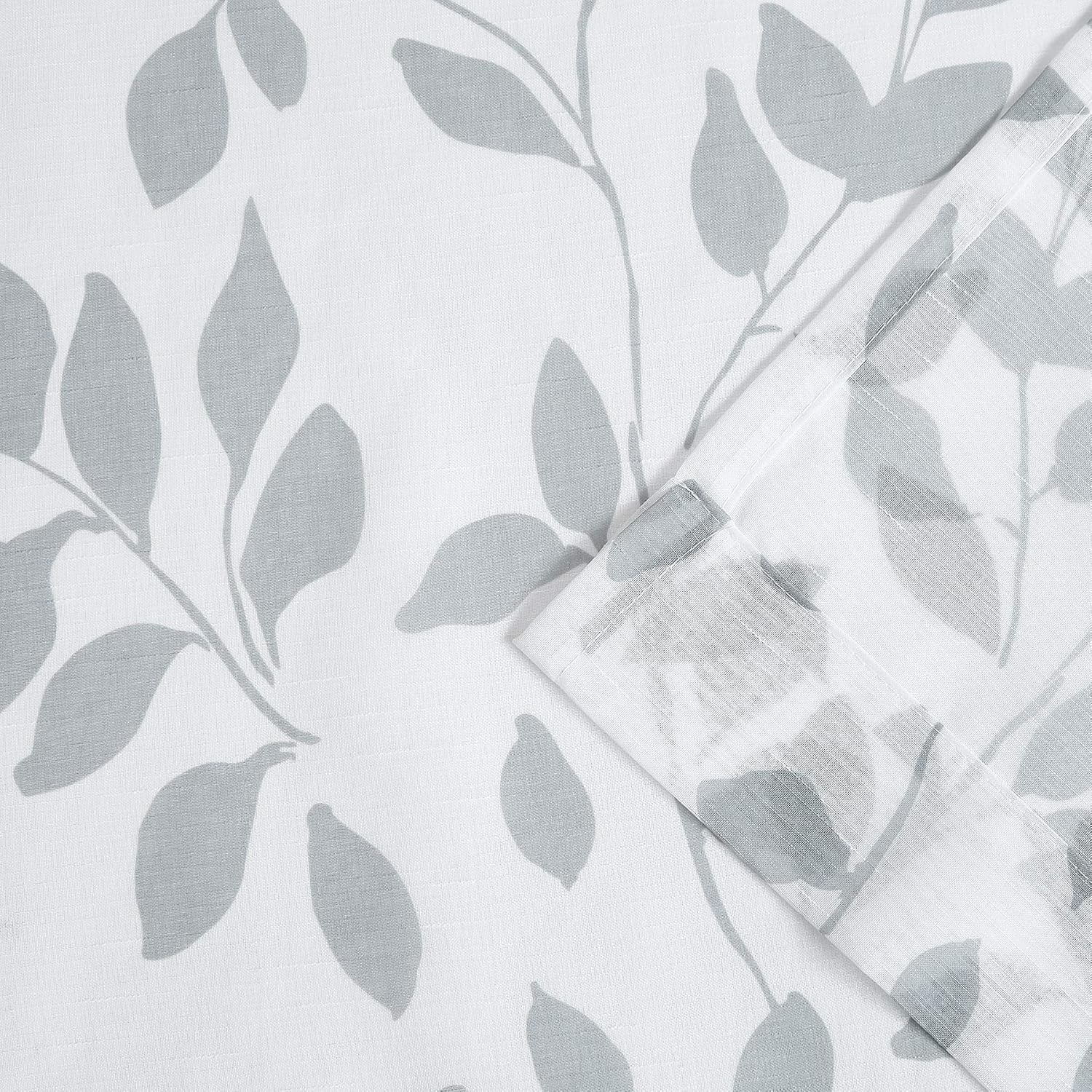 Grey White Sheer Curtains Living-Room 84 Inches Light Filtering Rural Gray Leaf Print Window Treatment Sets for Bedroom Country Style Botanical Garden Linen Textured Draperies 1 Pair Rod Pocket