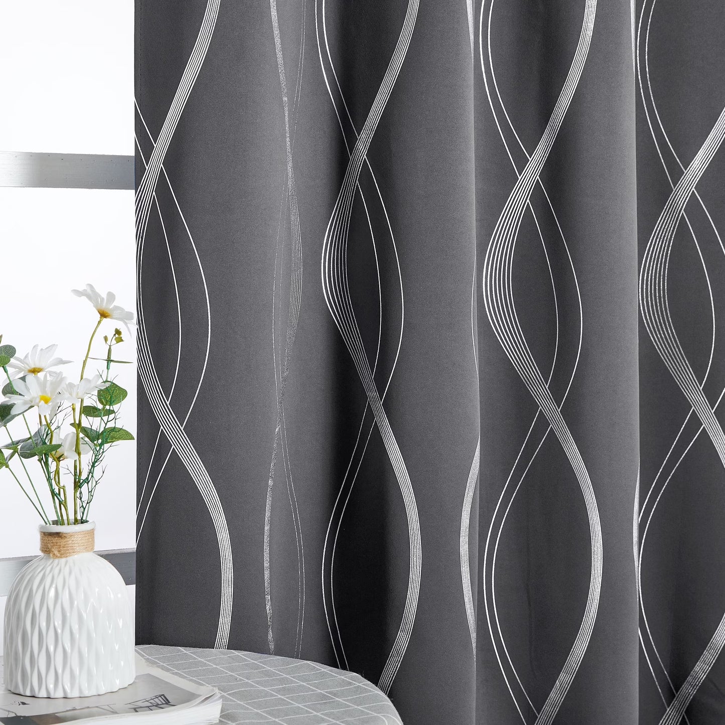 Modern Gray Wave Line Foil Print Home Room Darkening Curtains, 52 X 63 in (2 Panels)