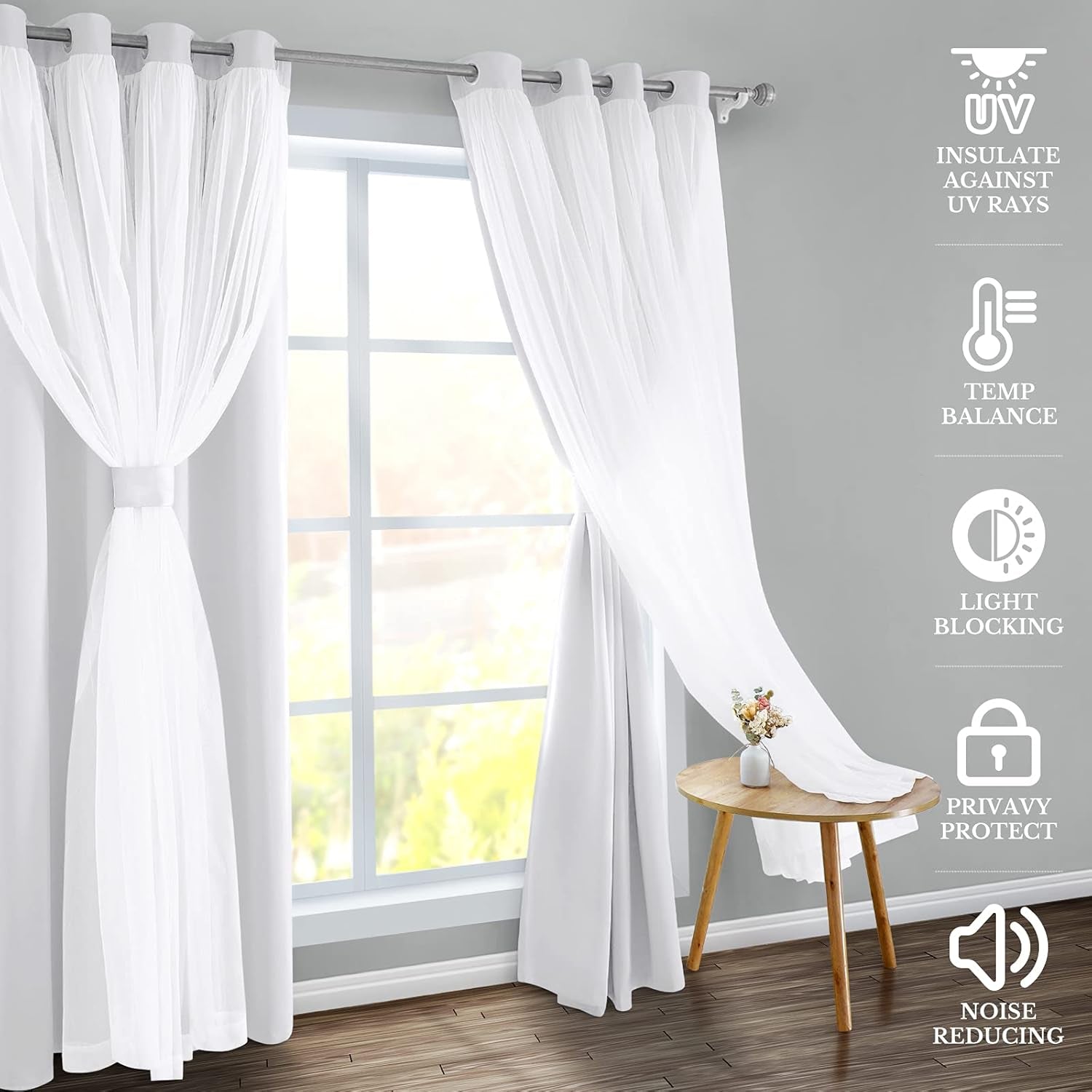 Double Layer Curtains Greyish White Blackout Curtains 96 Inch Length 2 Panels Nursery Grommet Drapes with Sheer Overlay for Girls Kids Bedroom