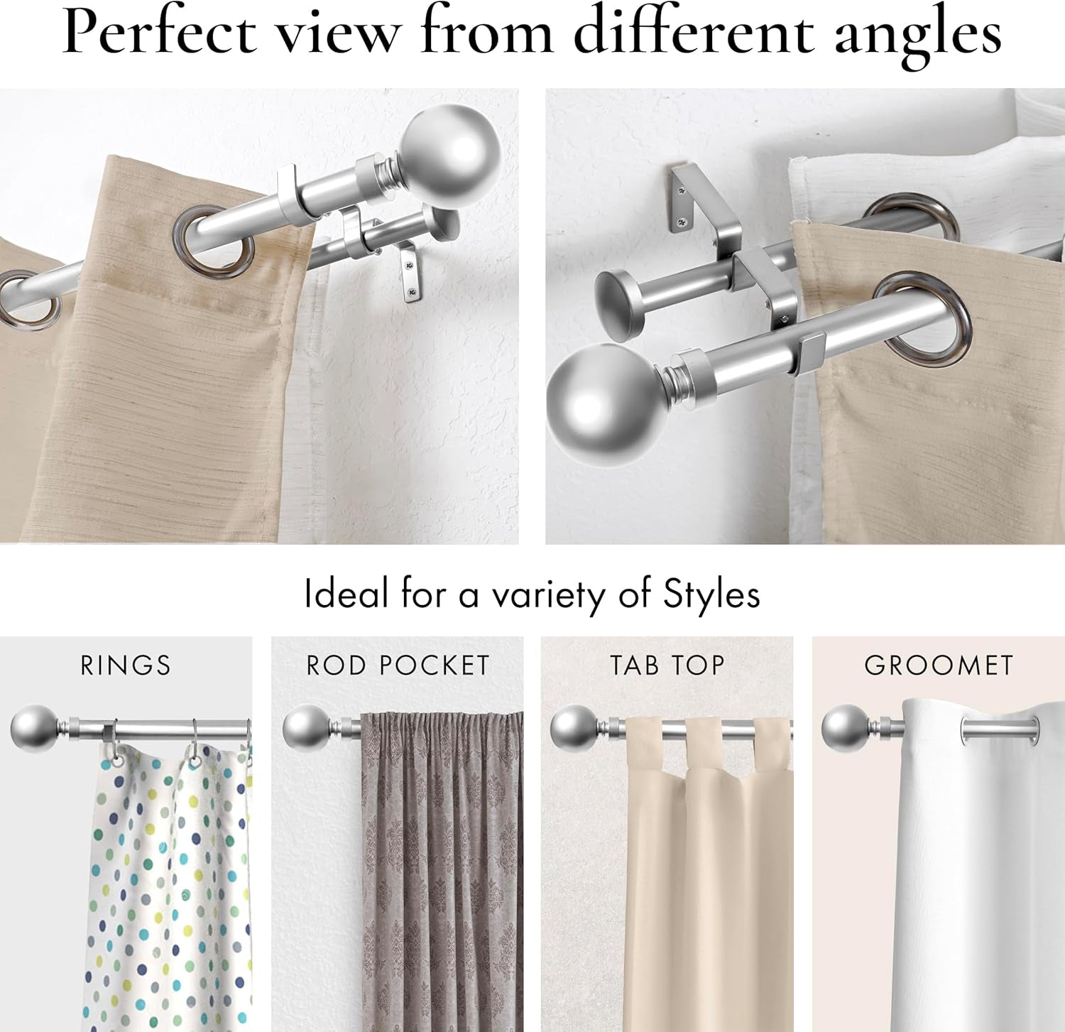 1-Inch Diameter Ball Telescoping Double Window Treatment Curtain Rod, 28-Inch to 48-Inch, Satin Nickel
