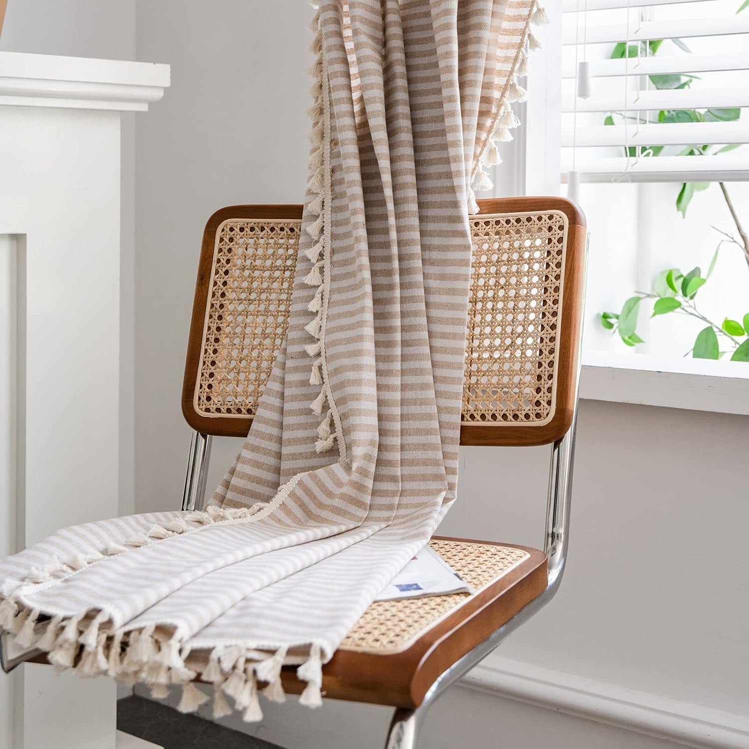 Striped Farmhouse Curtains for Living Room, 2 Panels Cotton Linen Room Darkening Curtains 63 Inch Length Tassel Beige Rod Pocket Window Drapes for Dining Nursery Doorway