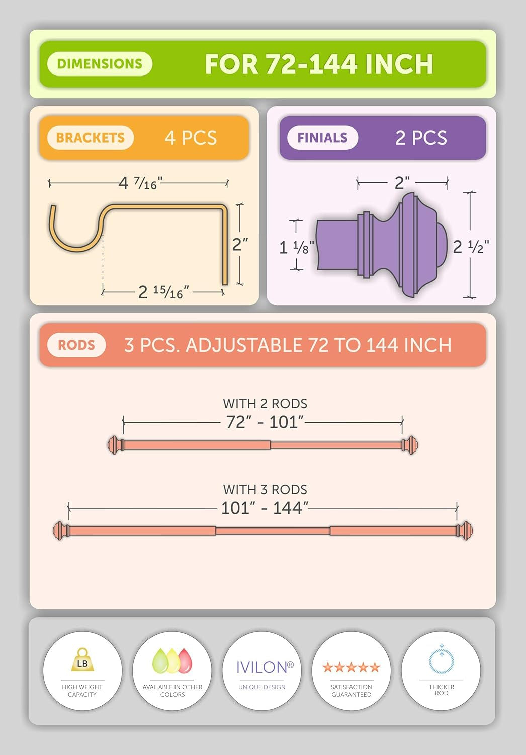 Drapery Treatment Window Curtain Rod - Square Design 1 1/8 Rod. 72 to 144 Inch. Satin Nickel