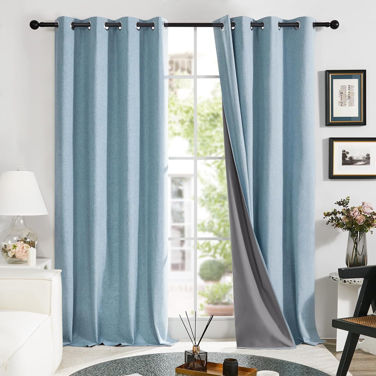 Linen 100% Blackout Grommet Curtains for Bedroom and Living Room,Teal,52X84 Inches,2 Panels