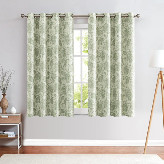 Farmhouse Curtains for Living Romm, Linen Textured Floral Curtains 63 Inch Length, Room Darkening Vintage Drapes for Bedroom, Grommet Top Window Treatments, 2 Panels Green on Greige