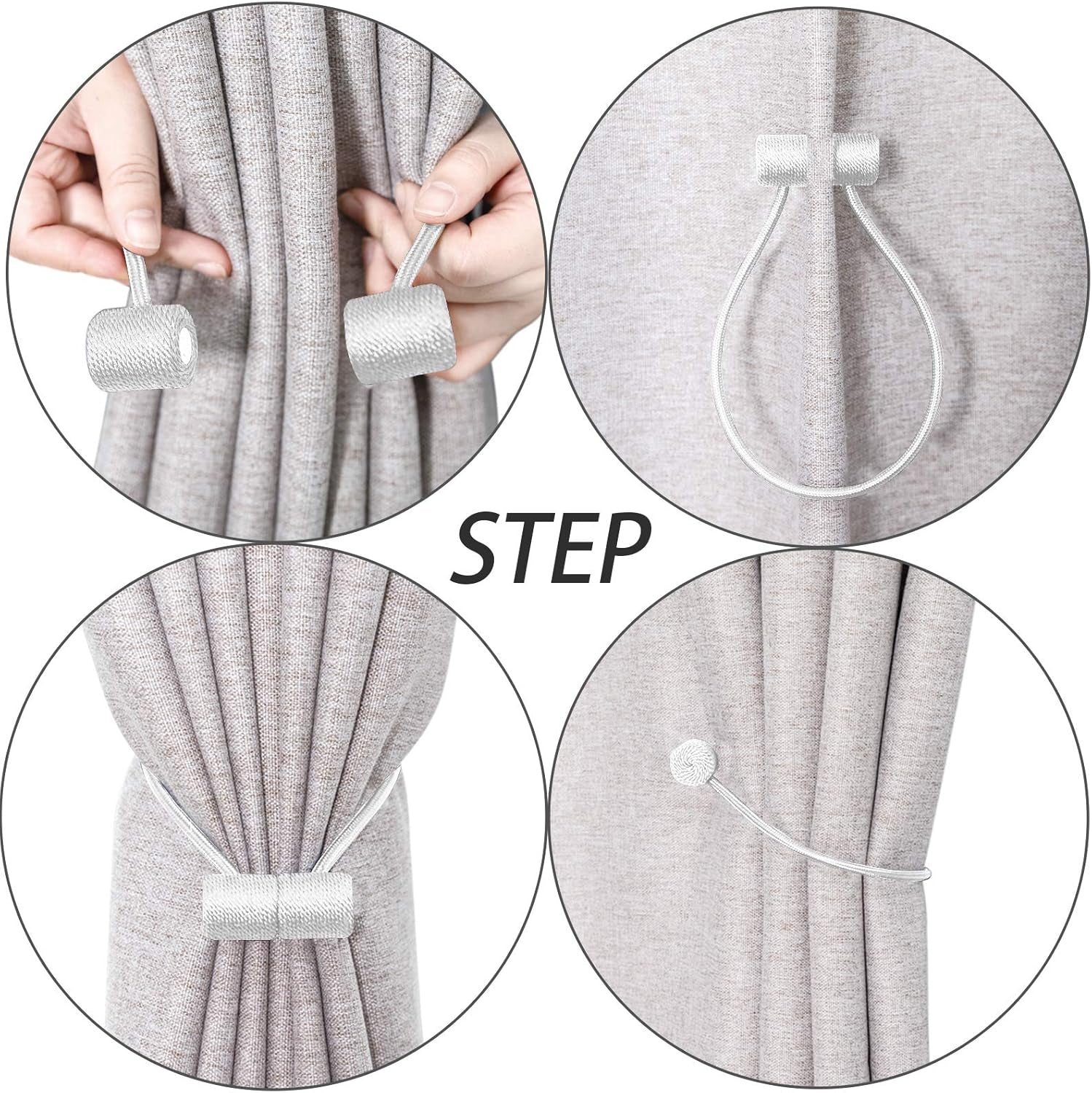 Curtain Tiebacks Clips VS Strong Magnetic Tie Band Home Office Decorative Drapes Weave Holdbacks Holders European for Blackout Sheer Window Treatment (White)