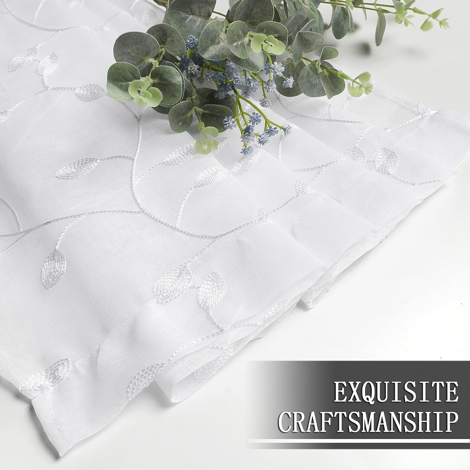 Leaves Short Sheer Curtain White Leaf Embroidery Bedroom Curtains Rod Pocket Voile Faux Linen Embroidered Leaves Curtain for Living Room, 54 X 54 Inches Long, Set of 2 Panels