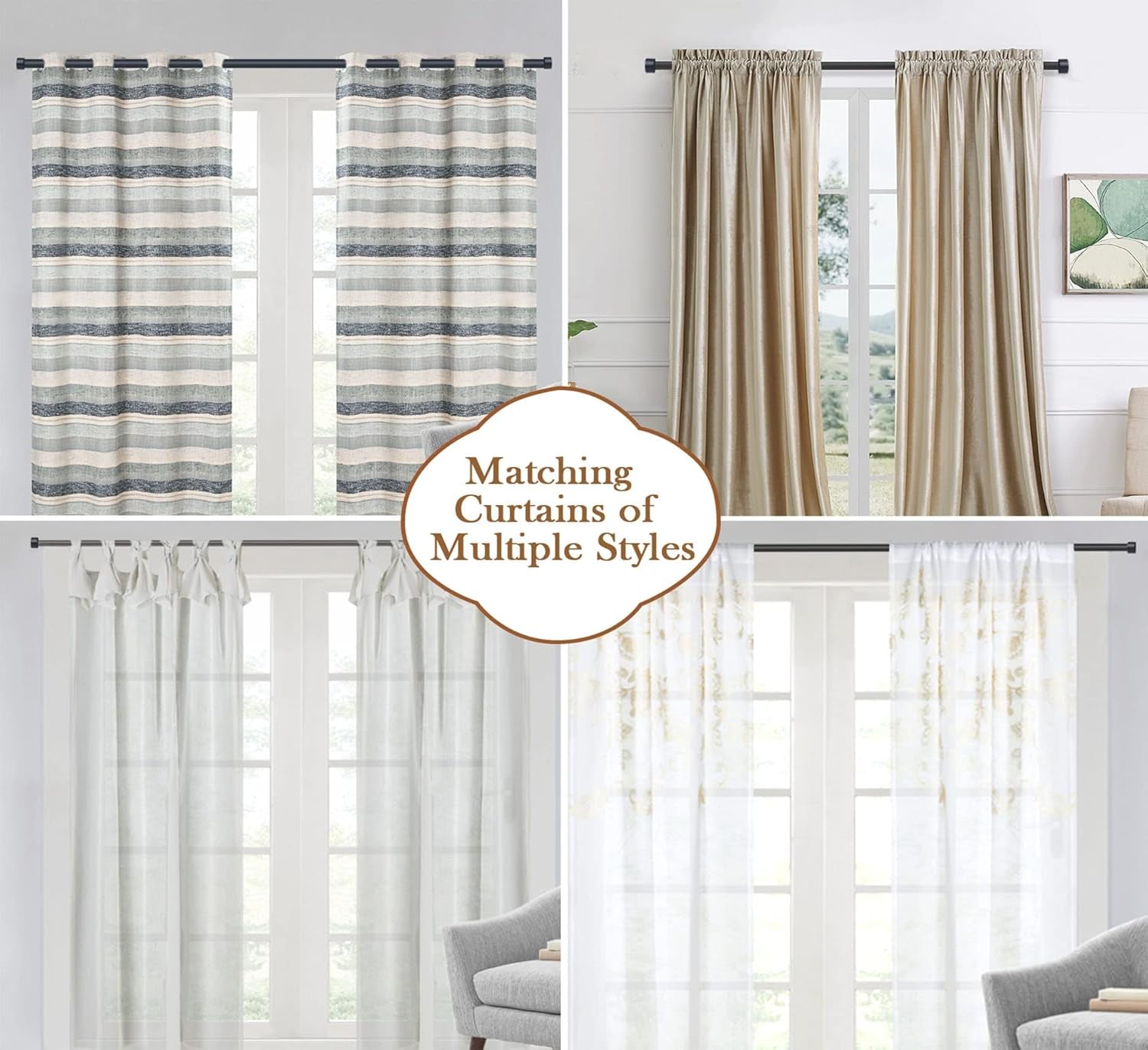 2 Pack Black Adjustable Curtain Rods with End Cap Design Finials,Drapery Rods of Window Treatment,1 Inch Diameter,Matte Black( 28-48 Inch)