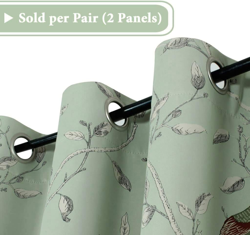 Blackout Curtains for Bedroom 96 Inches Length Thermal Insulated Birds Rustic Printed Curtain Drapes for Living Room Energy Efficient Room Darkening Home Decoration Pair 2 Panels, Sage