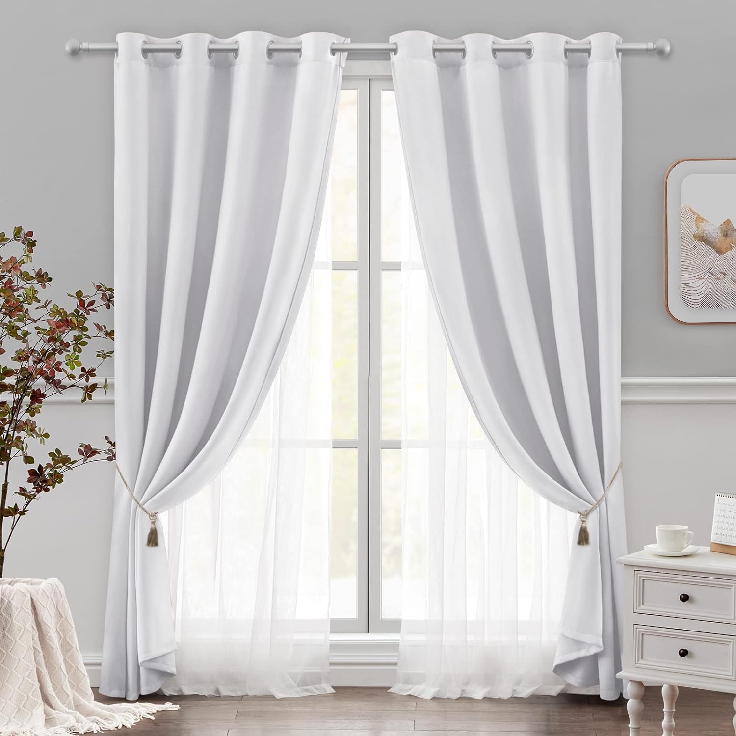 Double Layer Curtains Greyish White Blackout Curtains 96 Inch Length 2 Panels Nursery Grommet Drapes with Sheer Overlay for Girls Kids Bedroom