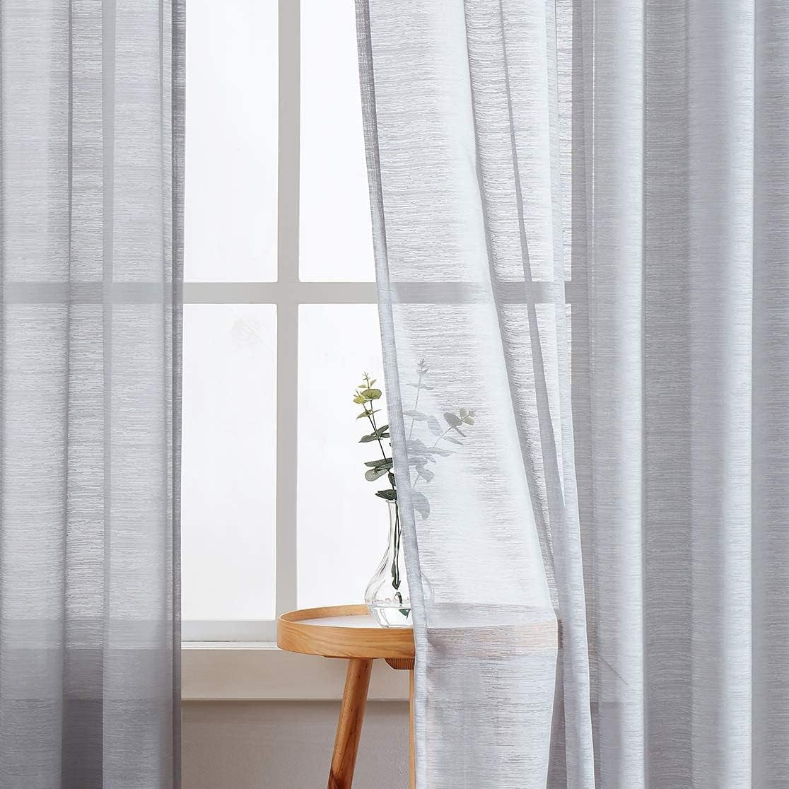Slub Sheer Grey Curtains 96Inch-Long for Living Room Textured Window Draperies 2 Panels
