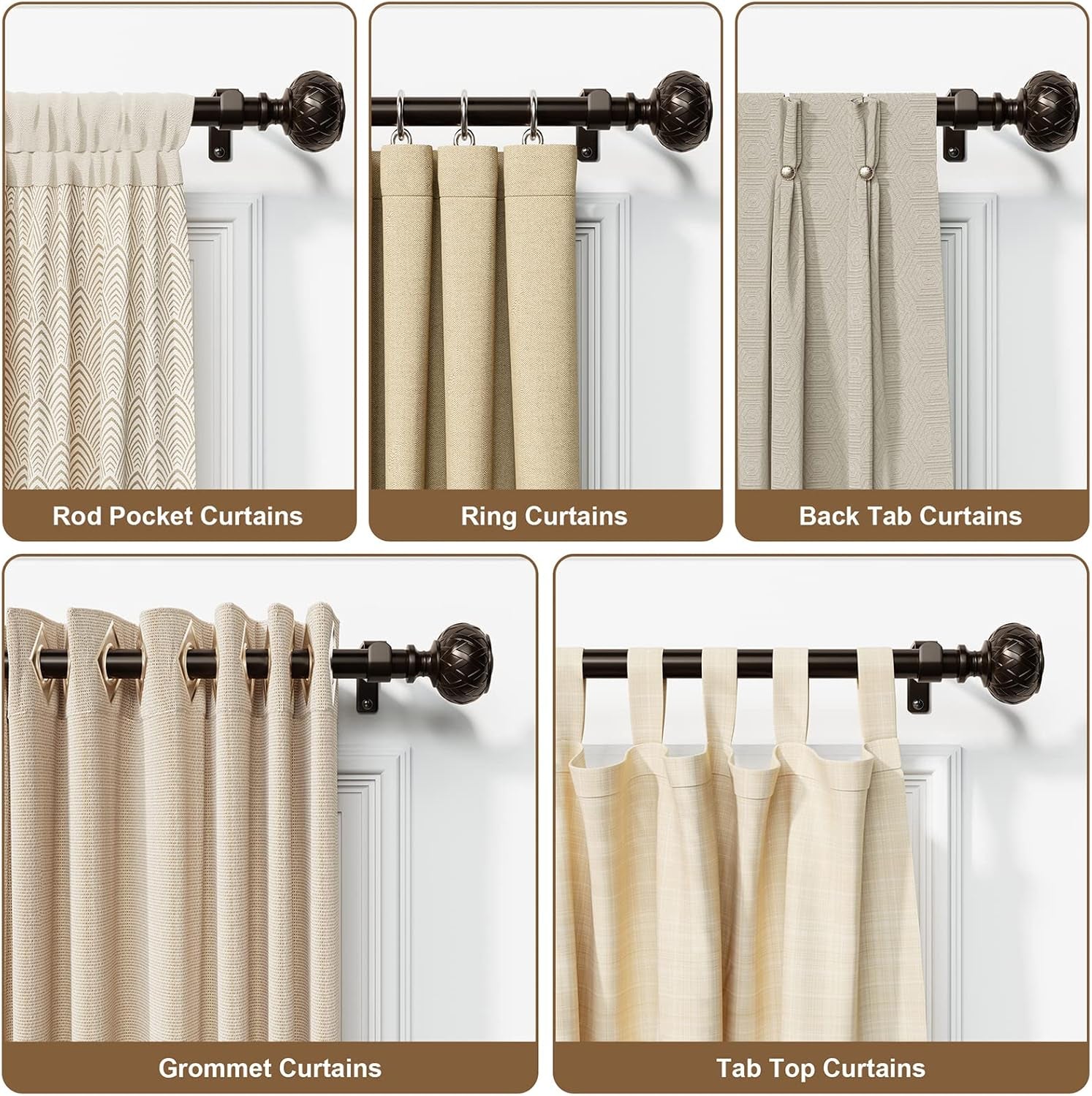 Curtain Rods for Windows 28 to 48 Inches, 3/4 Single Rods with Netted Texture Finials Bronze