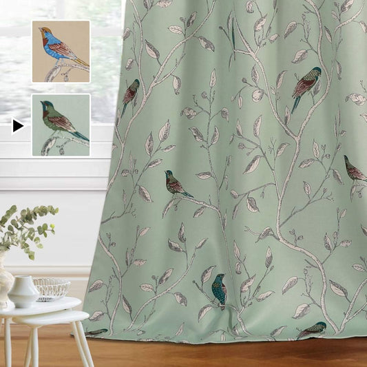 Blackout Curtains for Bedroom 63 Inches Length Thermal Insulated Birds Rustic Printed Curtain Drapes for Living Room Energy Efficient Room Darkening Home Decoration Pair 2 Panels, Sage