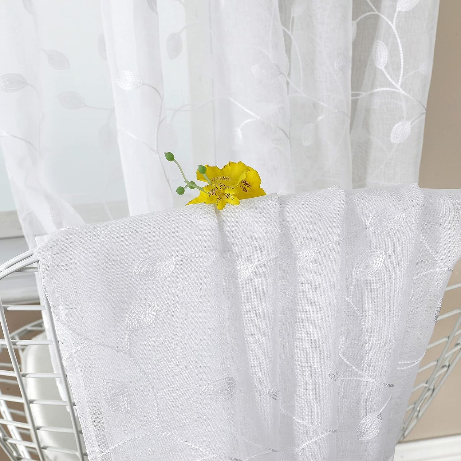 Leaves Short Sheer Curtain White Leaf Embroidery Bedroom Curtains Rod Pocket Voile Faux Linen Embroidered Leaves Curtain for Living Room, 54 X 54 Inches Long, Set of 2 Panels