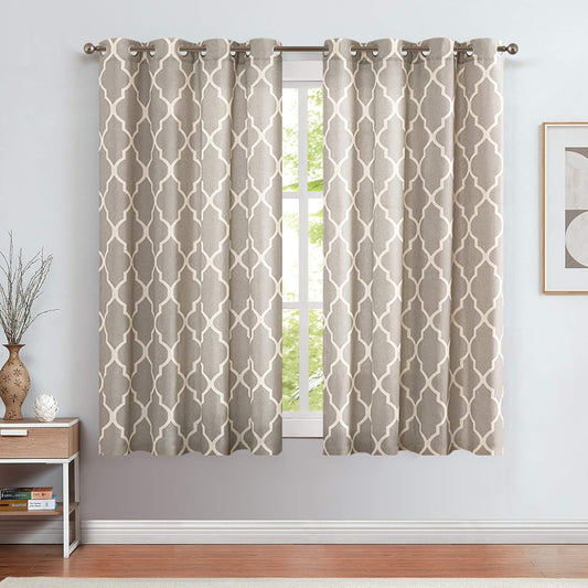 Linen Curtains for Living Room Drapes Grey Curtain Light Filtering Moroccan Tile Print Drapes Bedroom Flax Textured Geometry Lattice Grommet for Dining Room 50" W X 45" L 2 Panels