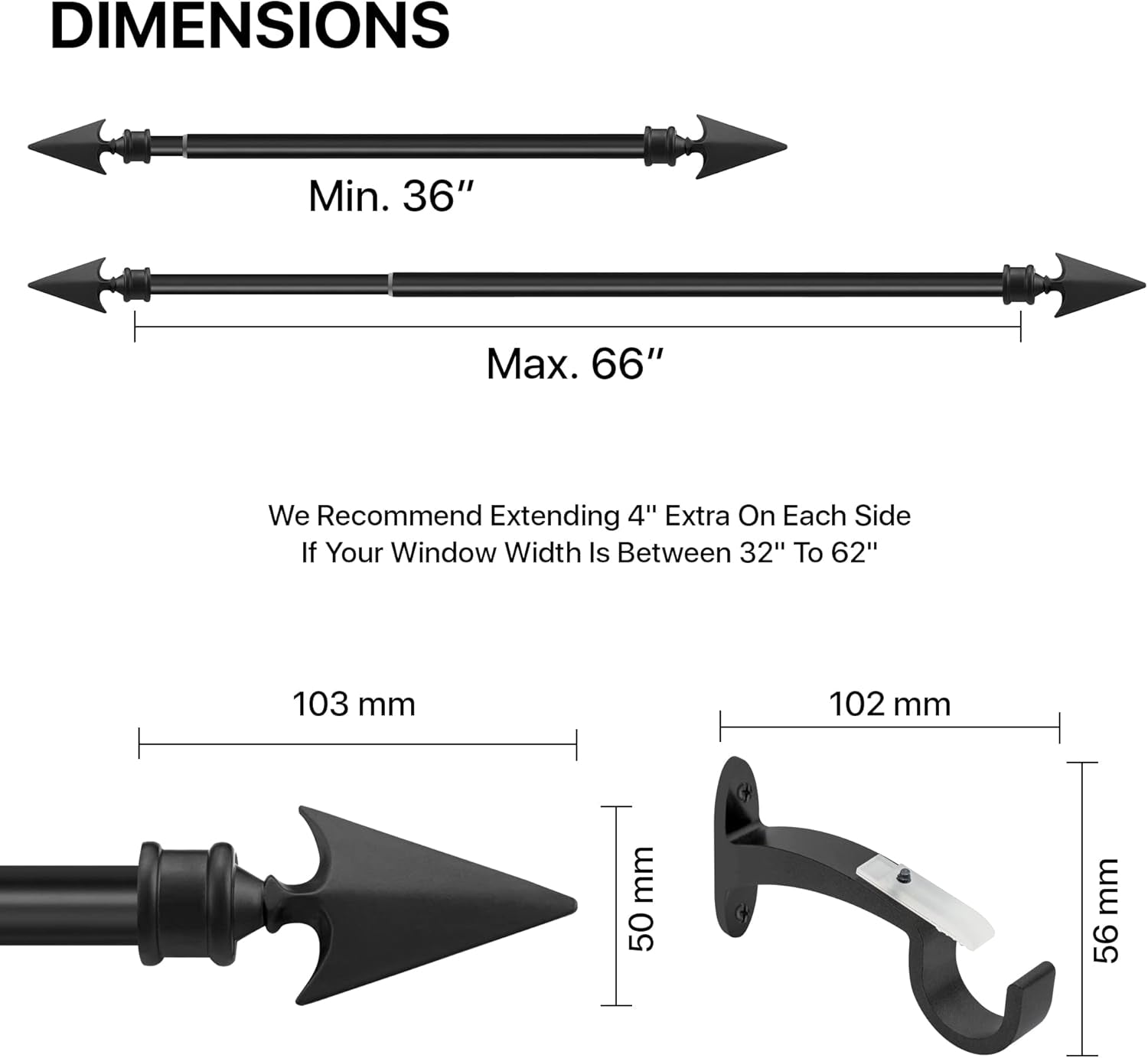Deco  Black Arrow Curtain Rods for Windows & Doors 36 to 66 Inch Adjustable Long Drapery Rods with Flat Arrow Finials & Brackets Set, 3/4 Inch