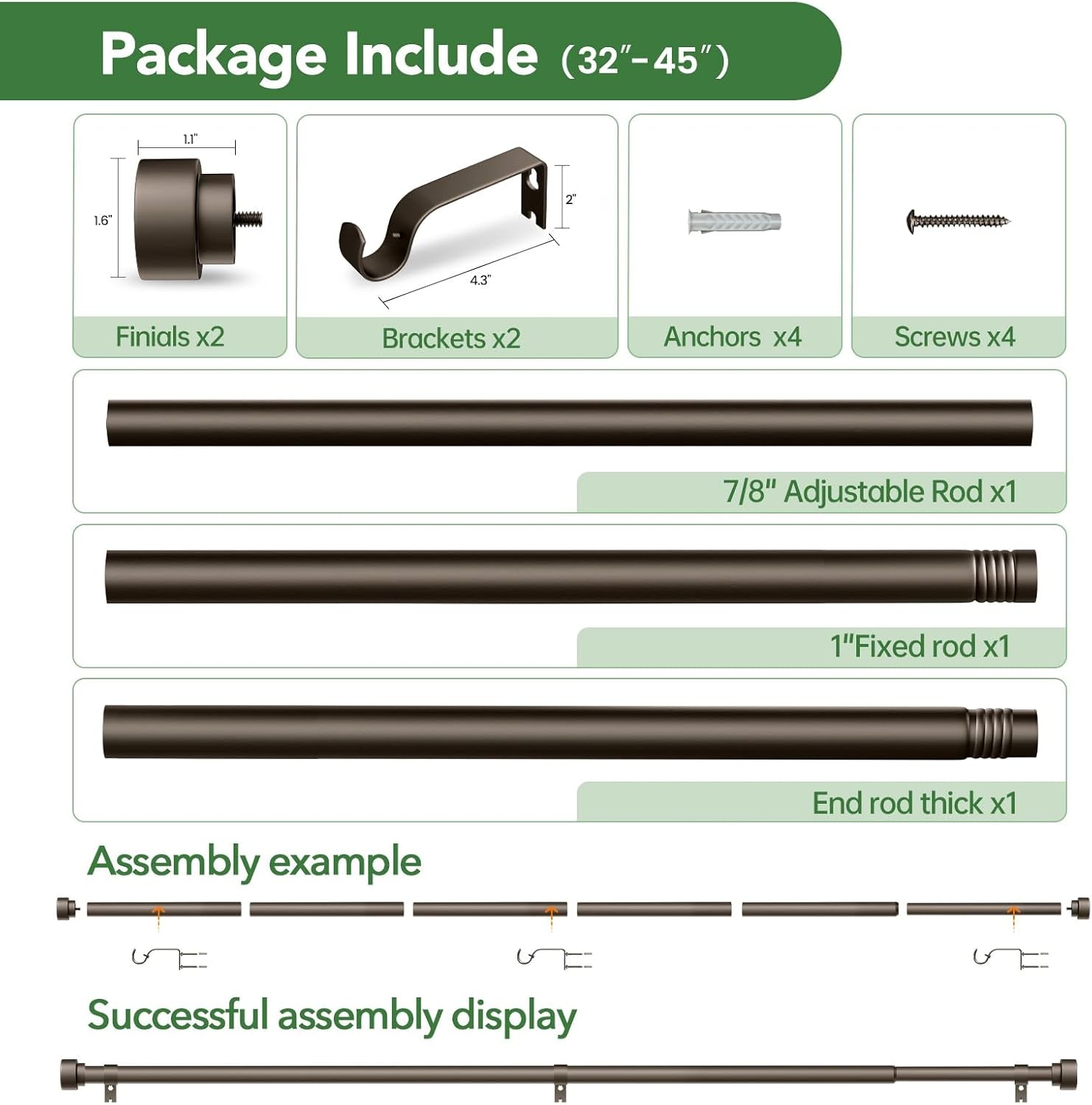 Curtain Rods for Windows 32 to 45, 1 Inch Diameter Adjustable Heavy Duty Long Window Curtain Rod, Outdoor Modern Style Drapery Rods with Simple End Caps, Size 32" - 45", Antique Bronze