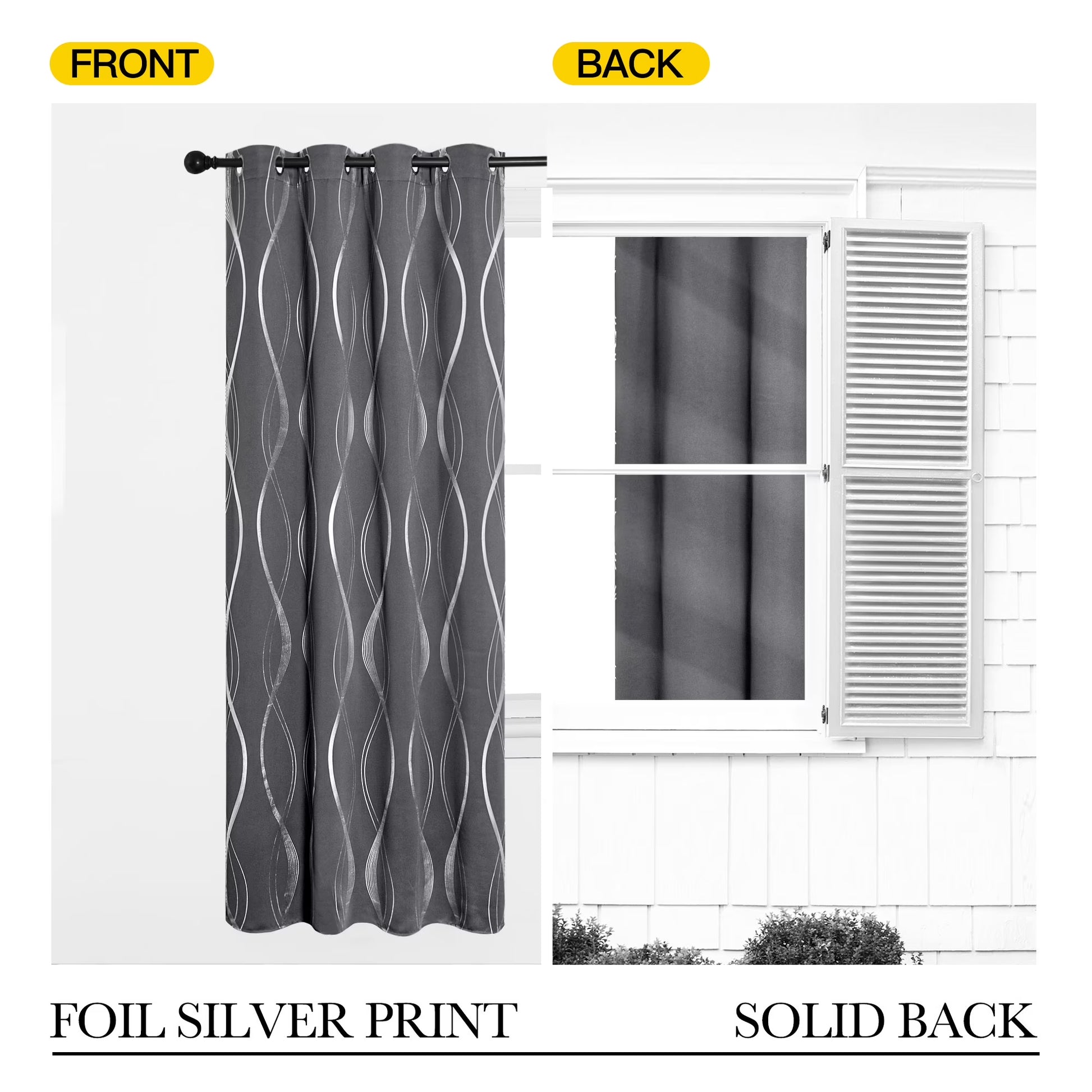 Modern Gray Wave Line Foil Print Home Room Darkening Curtains, 52 X 63 in (2 Panels)