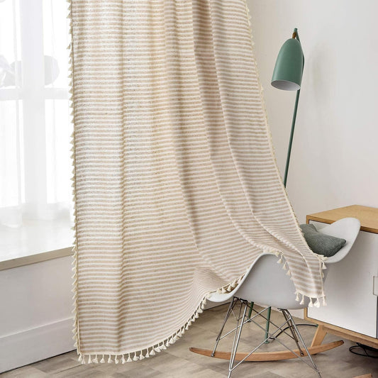 Striped Farmhouse Curtains for Living Room, 2 Panels Cotton Linen Room Darkening Curtains 63 Inch Length Tassel Beige Rod Pocket Window Drapes for Dining Nursery Doorway