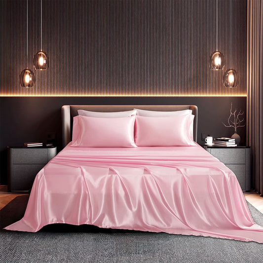 Satin Sheets,Full Size Soft Sheet Set,4 Pieces with 2 Pillowcase,Pink