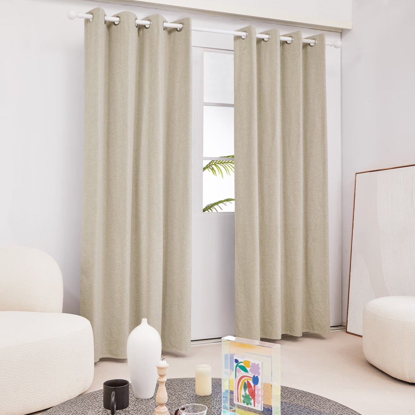 100% Blackout Curtains 84 Inch Length 2 Panels Set, Thermal Insulated Energy Saving Linen Curtains for Living Room (Flaxen, 52 X 84 Inch, 2 Panels)
