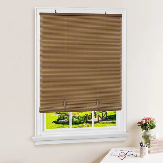 Light Filtering Cordless Rollup Window Blinds, 72L X 72W Inches Oval Veranda Vinyl Roller Privacy Blind, Indoors-Outdoors Mount Simply Pull-Up from the Bottom Handrail, Woodtone