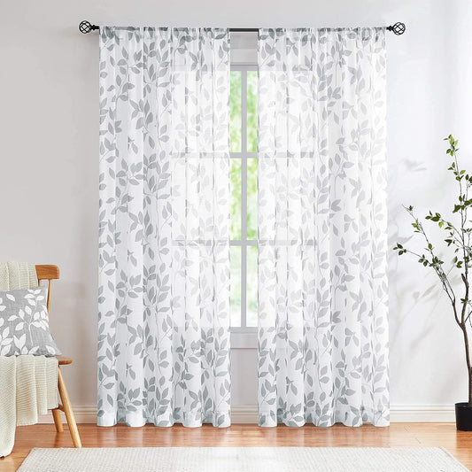 Grey White Sheer Curtains Living-Room 84 Inches Light Filtering Rural Gray Leaf Print Window Treatment Sets for Bedroom Country Style Botanical Garden Linen Textured Draperies 1 Pair Rod Pocket
