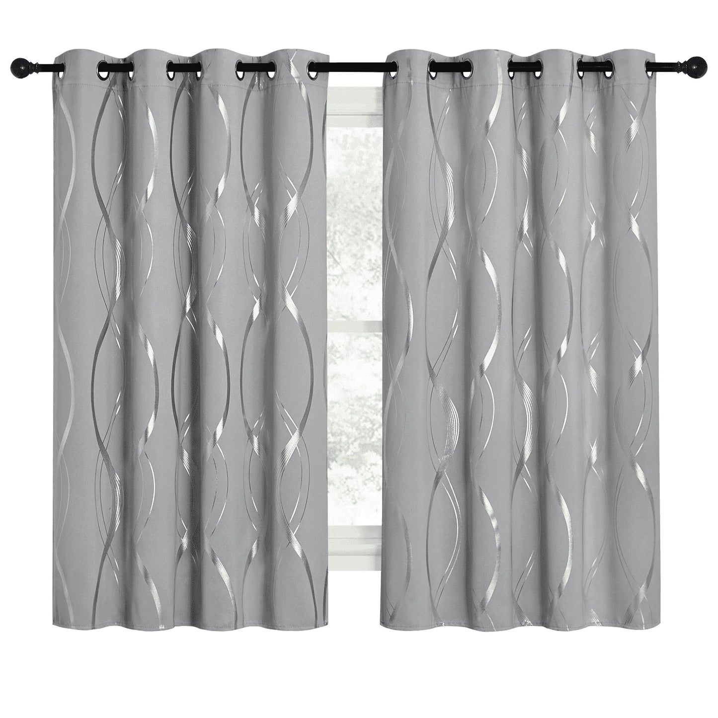 Thermal Insulated Window Blackout Curtains with Wave Vine Printed, Silver Grey, 52X63 Inch