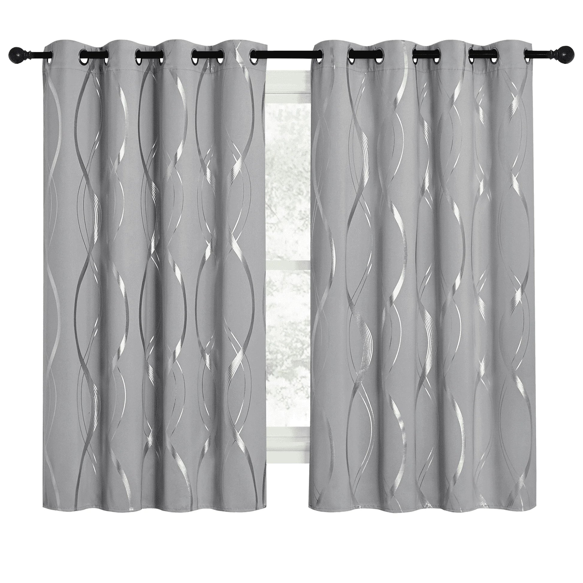 Thermal Insulated Window Blackout Curtains with Wave Vine Printed, Silver Grey, 52X63 Inch
