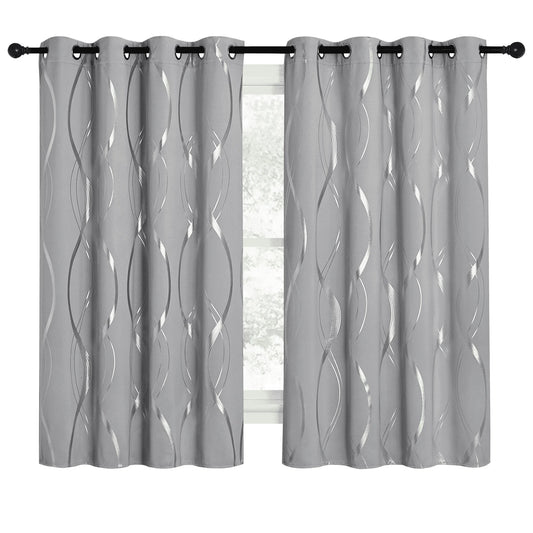 Thermal Insulated Window Blackout Curtains with Wave Vine Printed, Silver Grey, 52X63 Inch