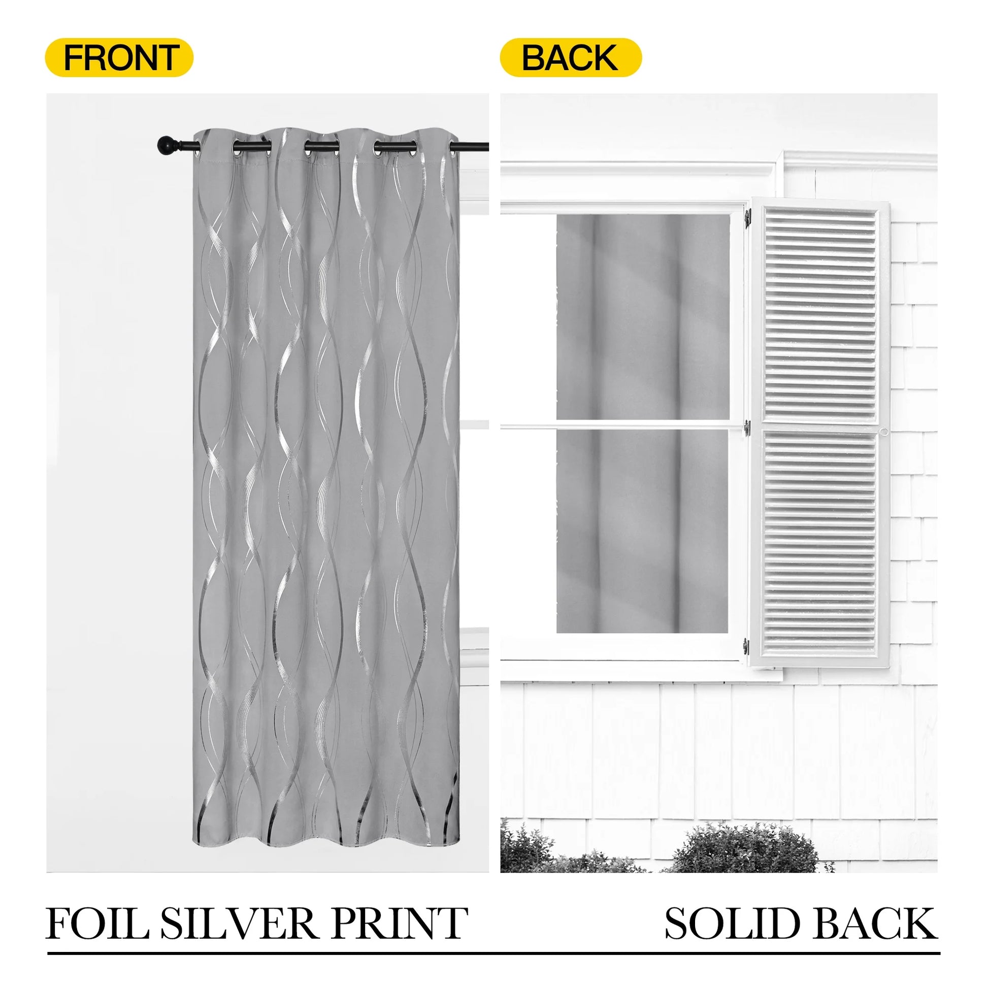 Thermal Insulated Window Blackout Curtains with Wave Vine Printed, Silver Grey, 52X63 Inch