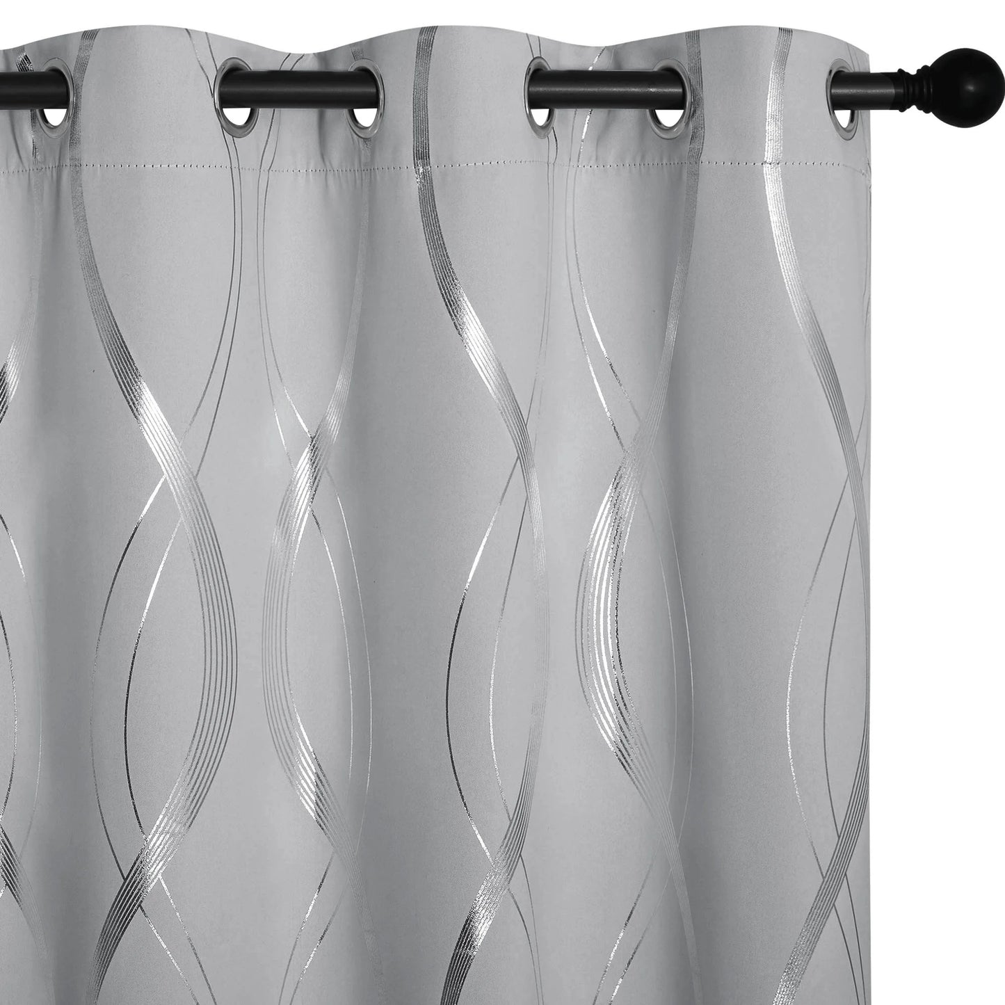 Thermal Insulated Window Blackout Curtains with Wave Vine Printed, Silver Grey, 52X63 Inch