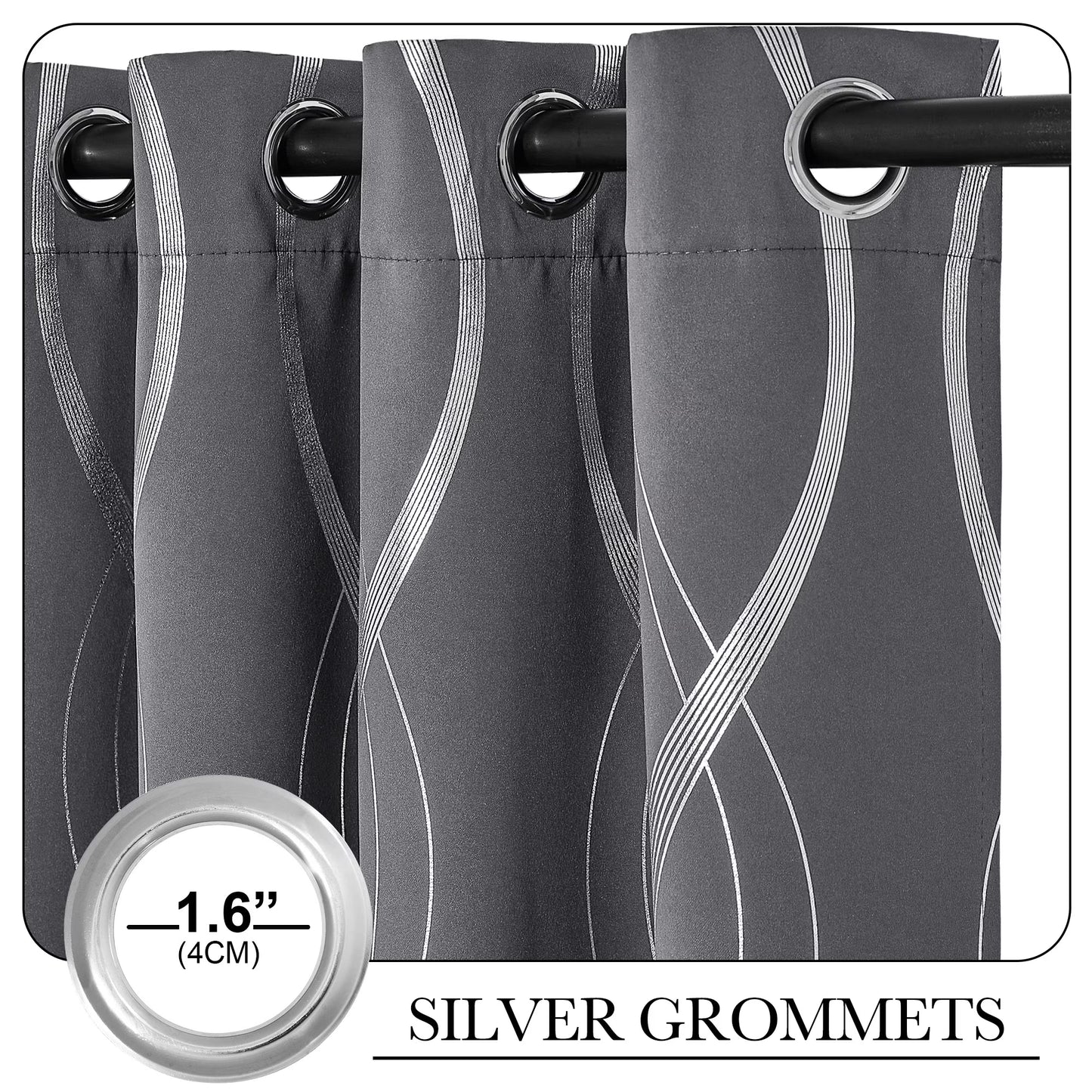 Modern Gray Wave Line Foil Print Home Room Darkening Curtains, 52 X 63 in (2 Panels)