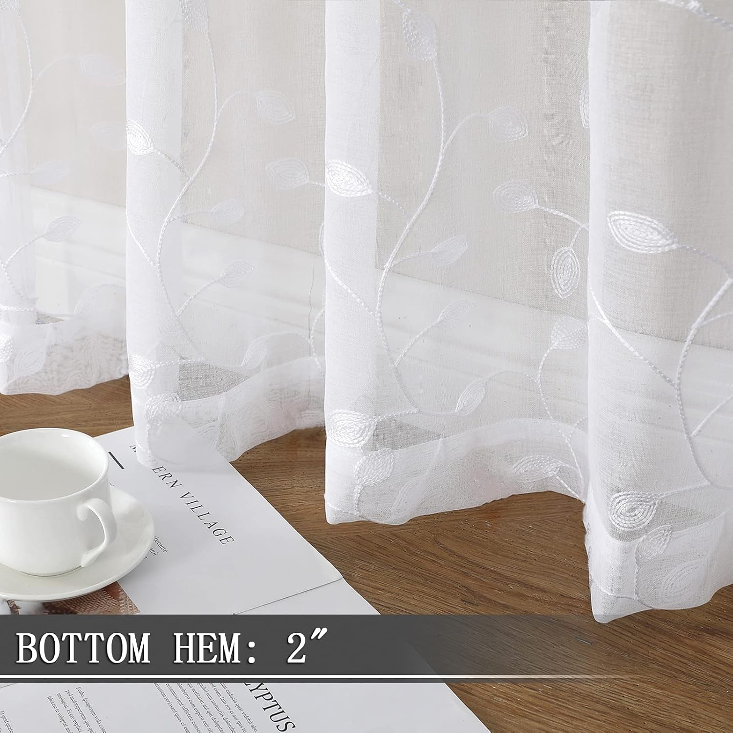 Leaves Short Sheer Curtain White Leaf Embroidery Bedroom Curtains Rod Pocket Voile Faux Linen Embroidered Leaves Curtain for Living Room, 54 X 54 Inches Long, Set of 2 Panels
