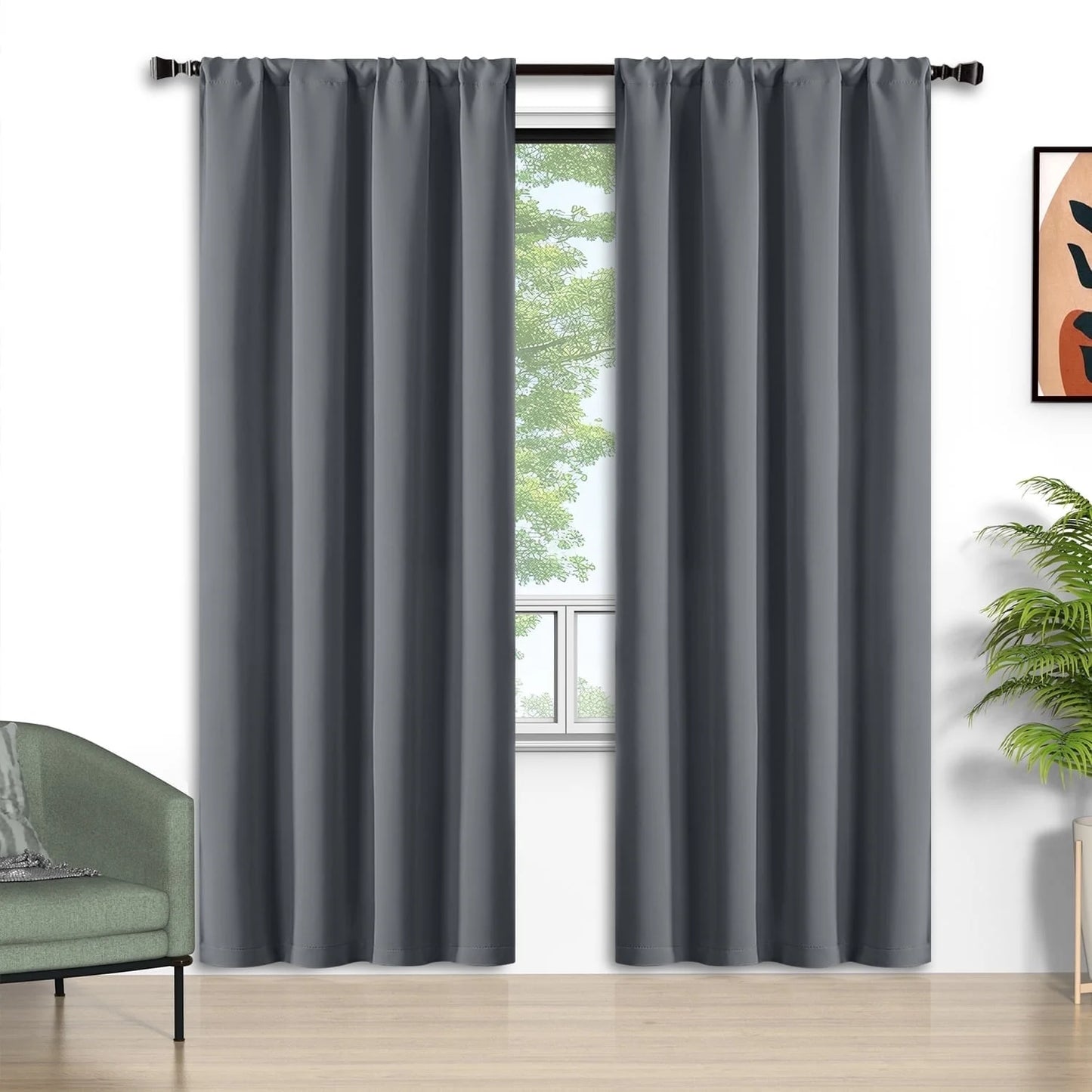 Gray Blackout Curtains 2 Panels Set, 52X84 Inch Rod Pocket Room Darkening Curtains, Thermal Insulated Window Drapes Summer Heat, Solid Privacy Assured Curtains for Bedroom Living Room