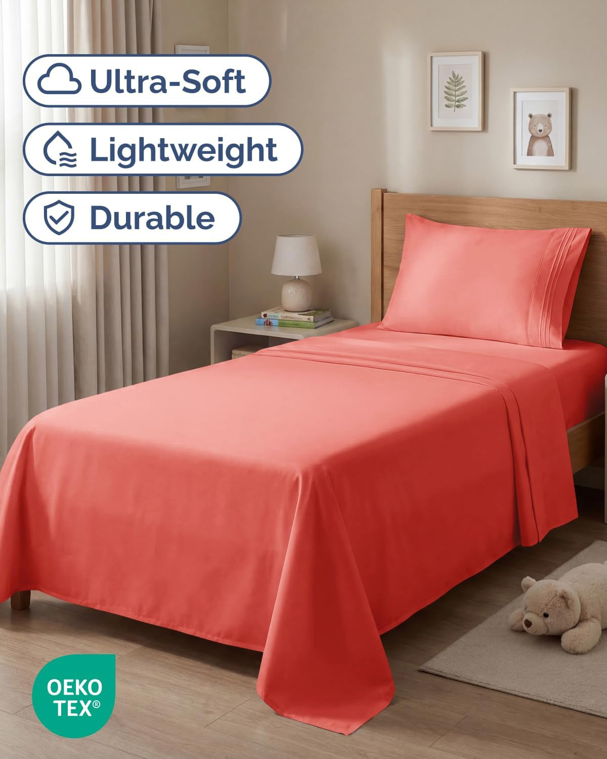 Twin Size 3 Piece Sheet Set - Comfy Breathable & Cooling Sheets - Hotel Luxury Bed Sheets for Women & Men - Deep Pockets, Easy-Fit, Extra Soft and Wrinkle Free Sheets - Coral Oeko-Tex Bed Sheet Set