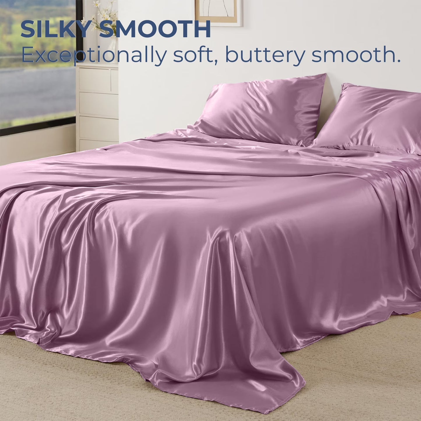 Satin Sheets, Full Size Soft Silky Sheet Set,4 Pieces, Red Bean Sand