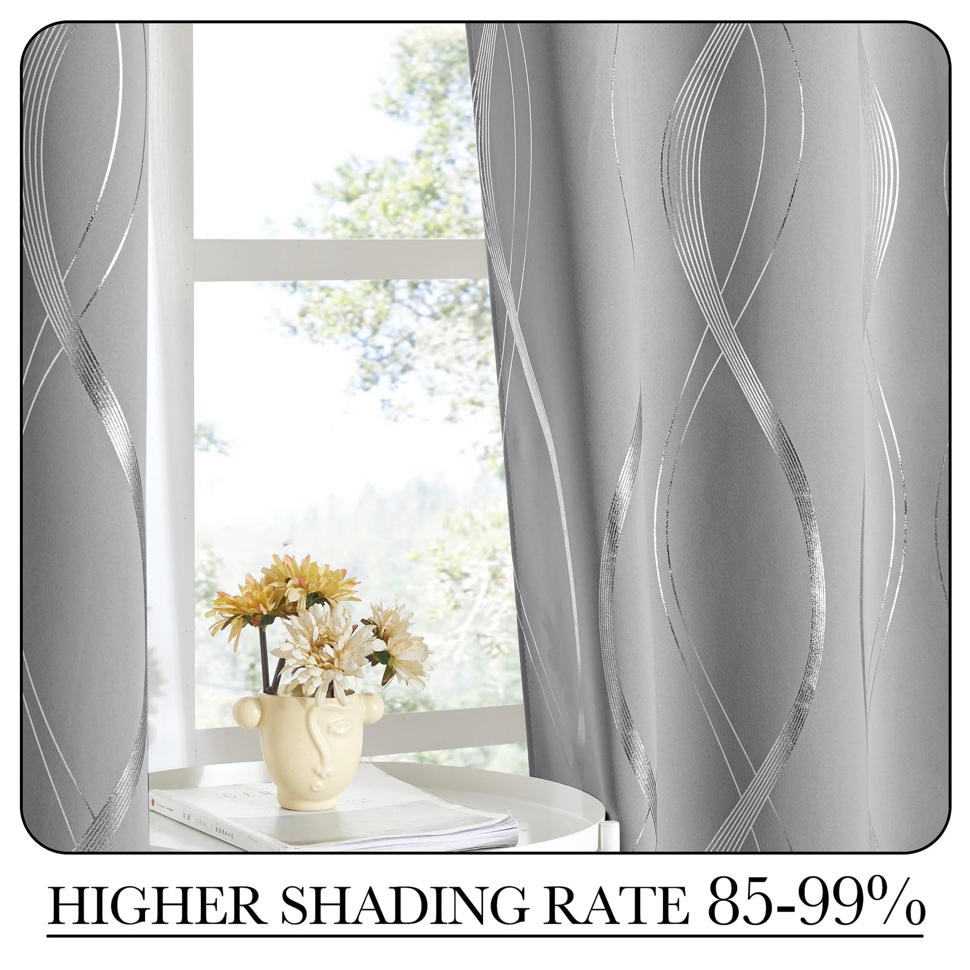Thermal Insulated Window Blackout Curtains with Wave Vine Printed, Silver Grey, 52X63 Inch