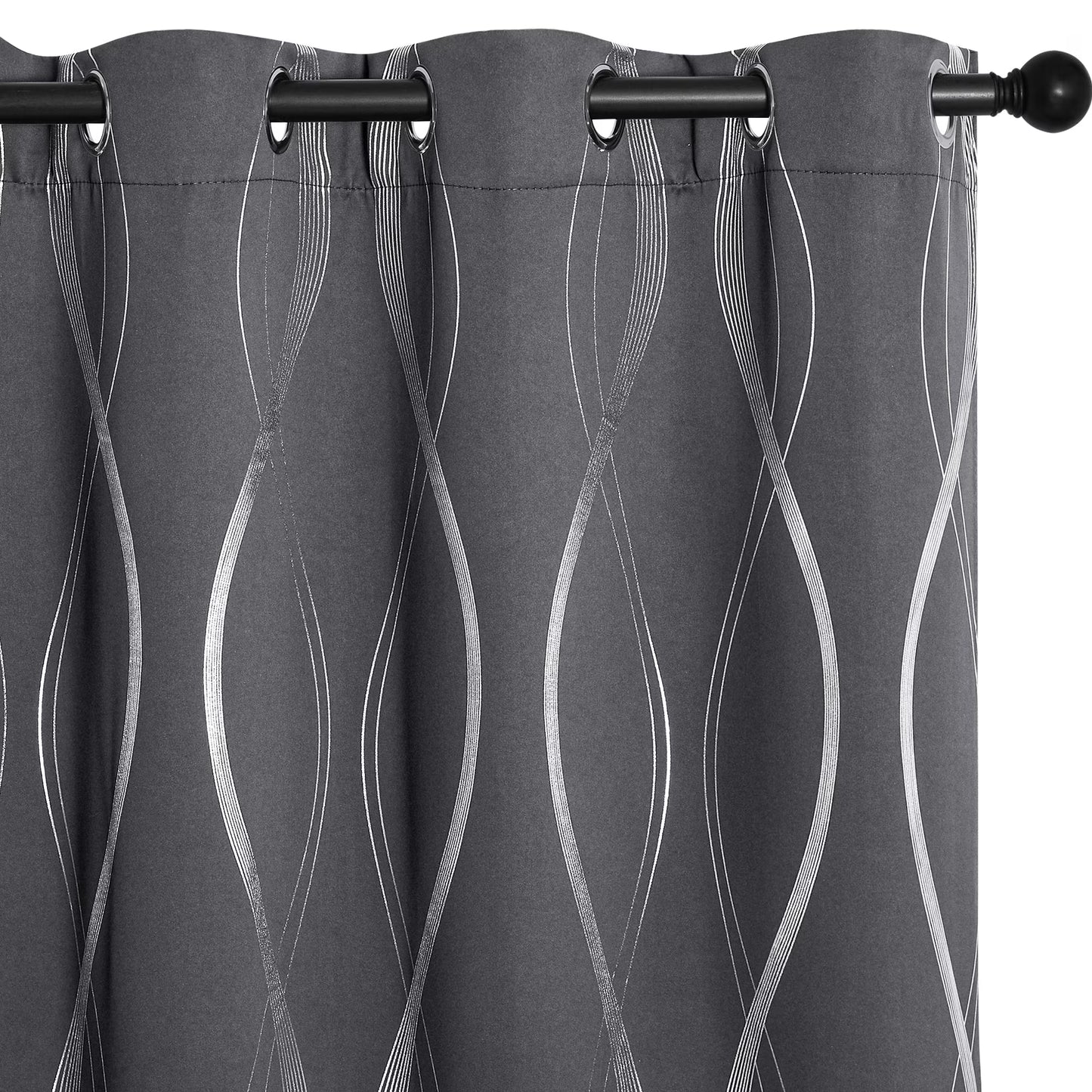 Modern Gray Wave Line Foil Print Home Room Darkening Curtains, 52 X 63 in (2 Panels)