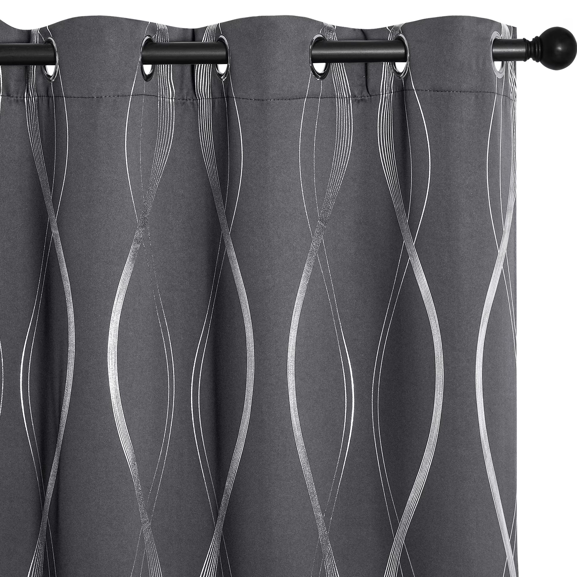 Modern Gray Wave Line Foil Print Home Room Darkening Curtains, 52 X 63 in (2 Panels)