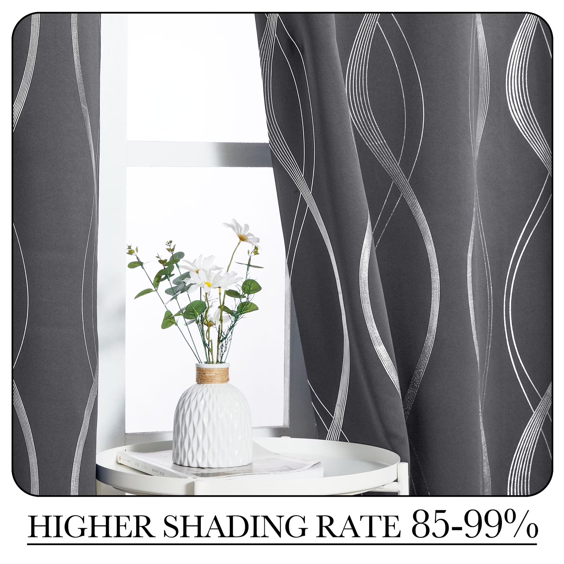 Modern Gray Wave Line Foil Print Home Room Darkening Curtains, 52 X 63 in (2 Panels)
