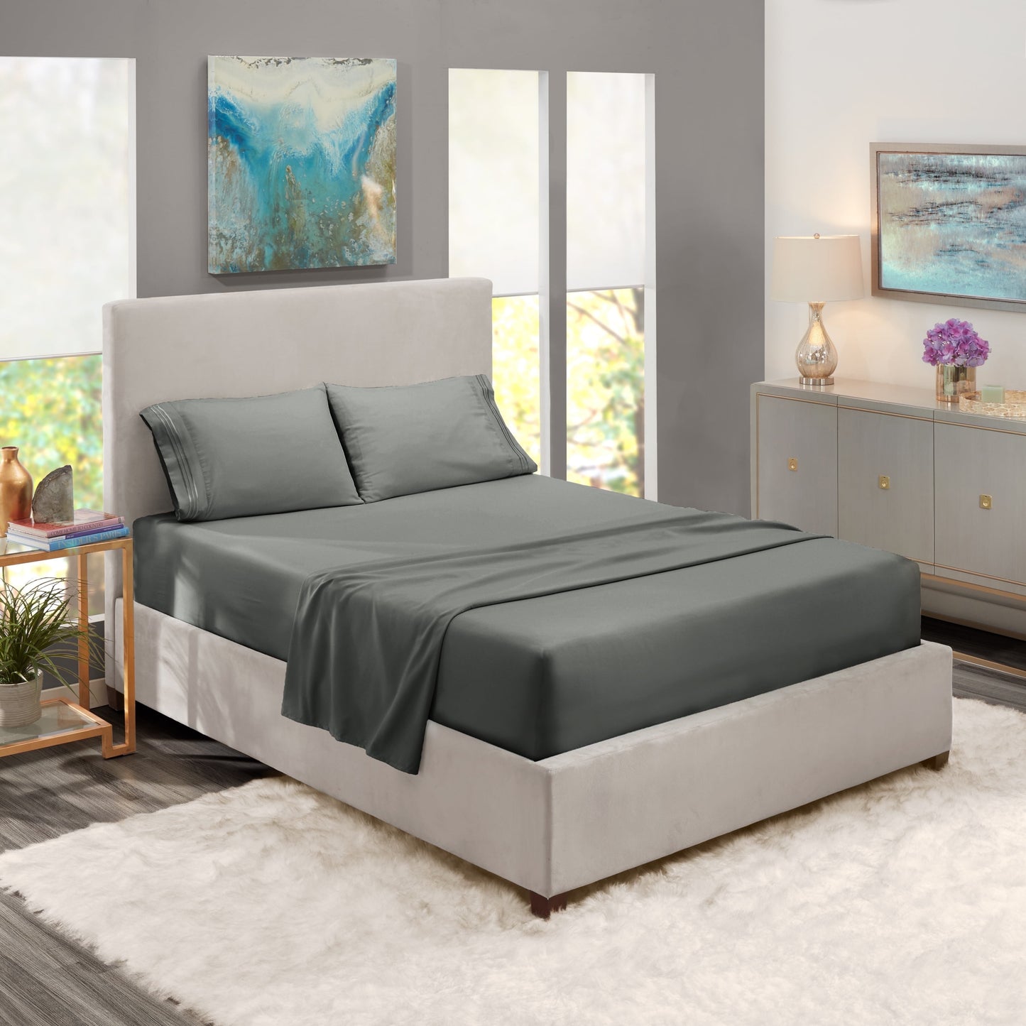 Queen Sheets Set, 1800 Series 4 Piece Deep Pocket Sheets, 100% Soft Microfiber Bed Sheets Set, Gray