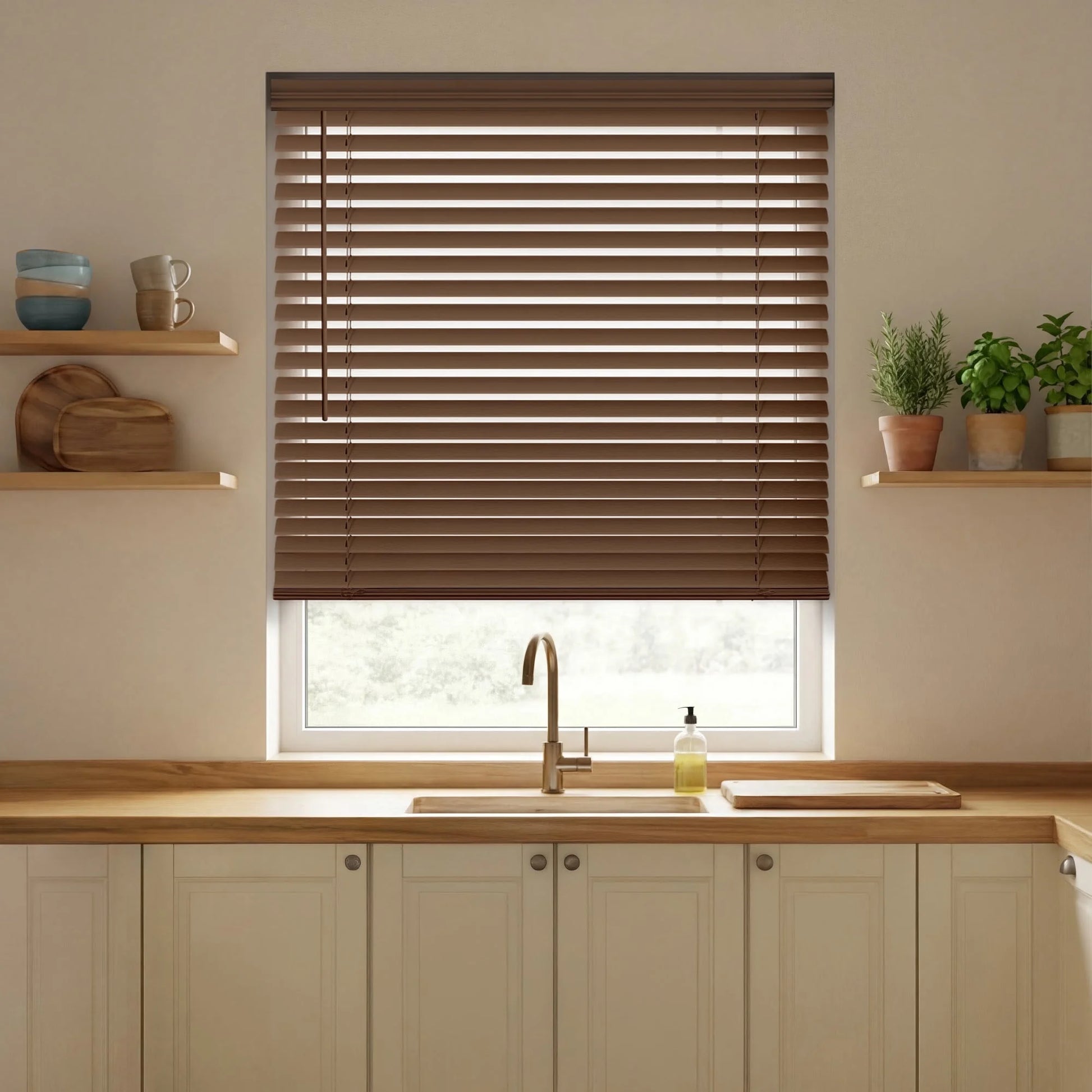 Cordless 2" Embossed Faux Wood Blinds, Moisture-Resistant Light Control Window Blinds, Privacy Shades, 20" W X 48" H, Chestnut