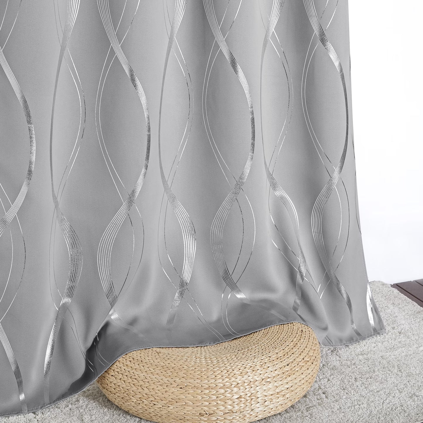 Thermal Insulated Window Blackout Curtains with Wave Vine Printed, Silver Grey, 52X63 Inch