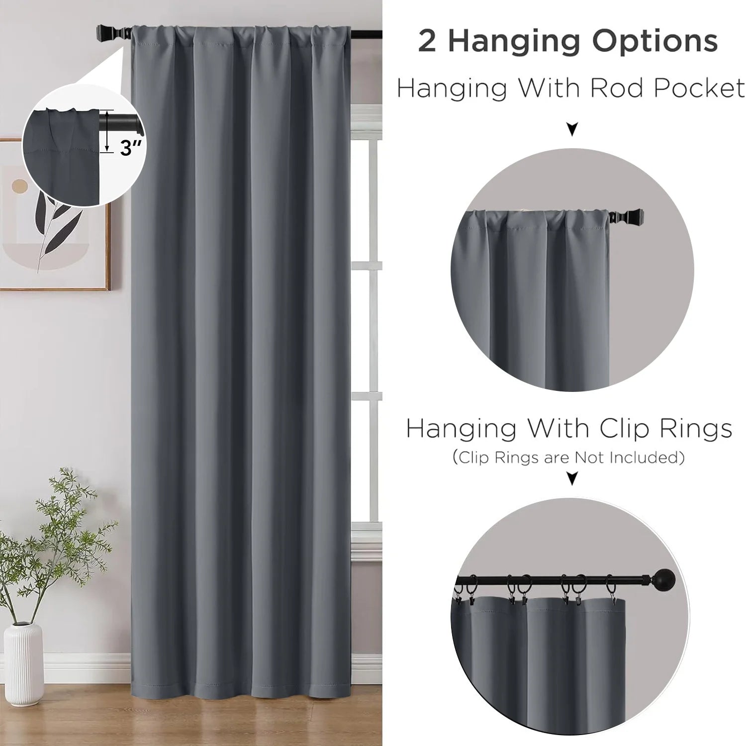 Gray Blackout Curtains 2 Panels Set, 52X84 Inch Rod Pocket Room Darkening Curtains, Thermal Insulated Window Drapes Summer Heat, Solid Privacy Assured Curtains for Bedroom Living Room