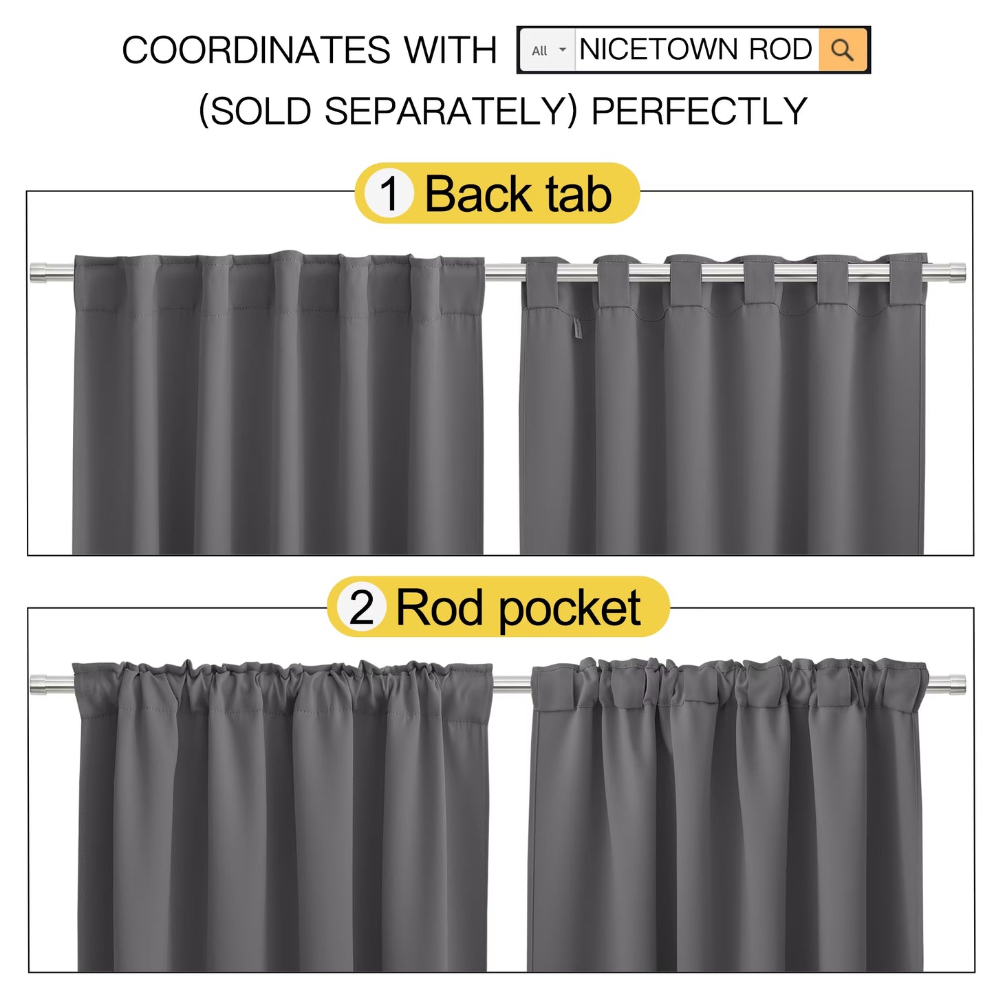 Room Darkening Rod Pocket and Back Tab Curtains Thermal Insulated Curtains for Bedroom 52X63 Inch, Grey, 2 Panels