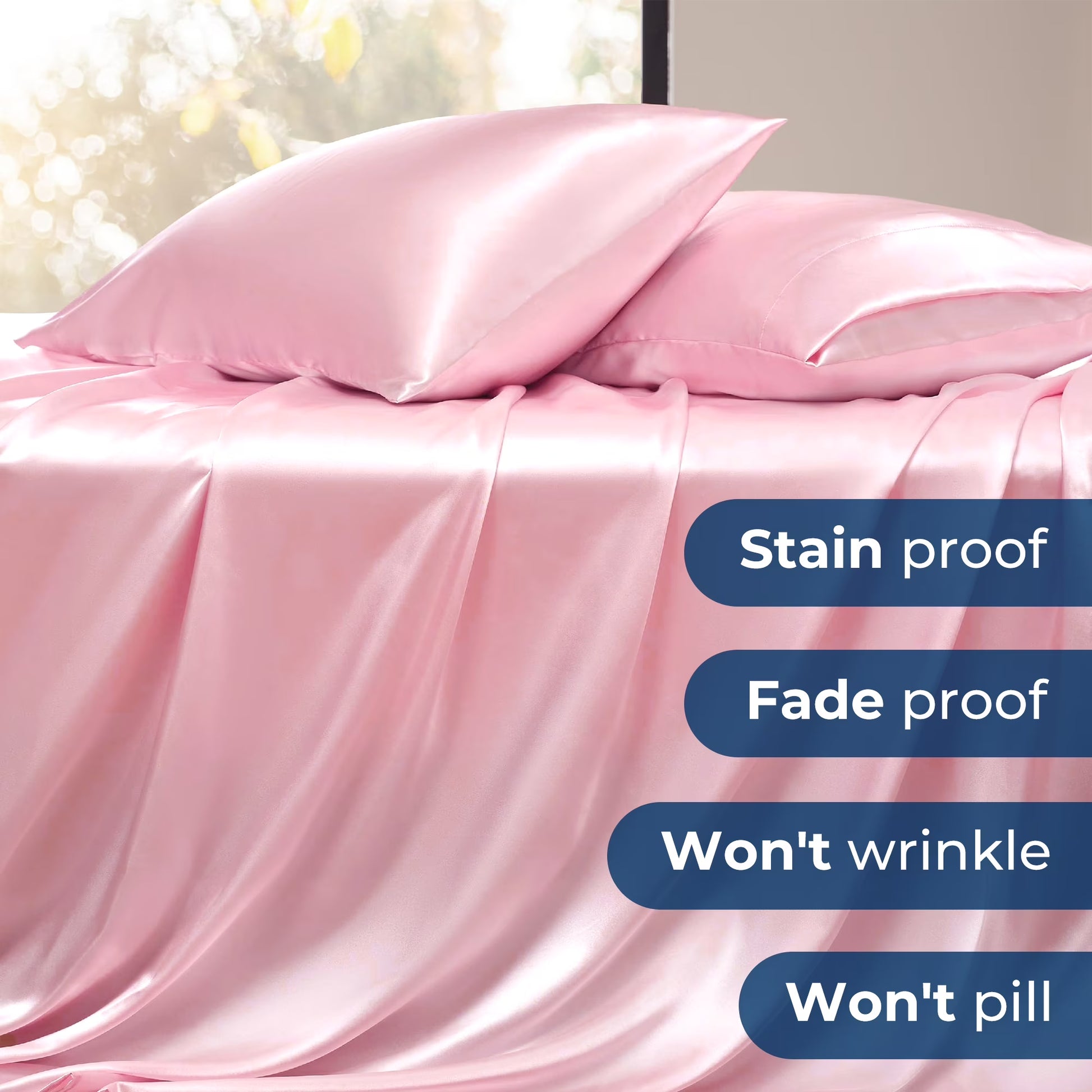 Satin Sheets,Full Size Soft Sheet Set,4 Pieces with 2 Pillowcase,Pink